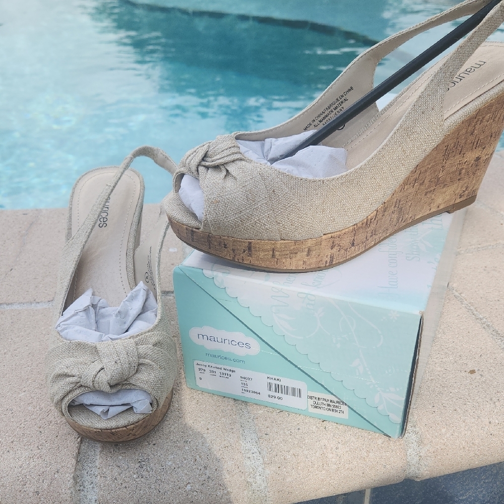 Maurices Cream Slingback Wedges with Cork Heel